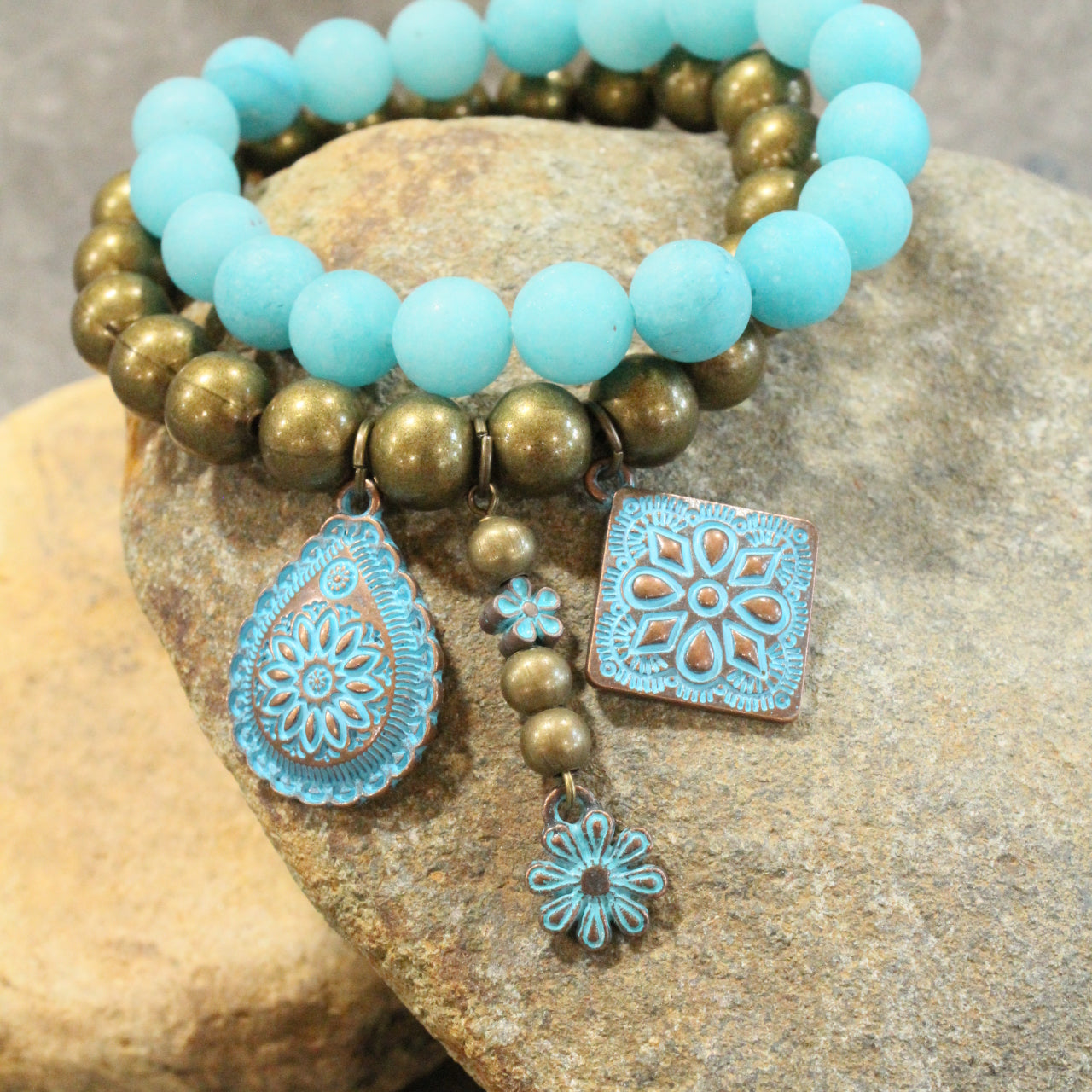 Bronze & Turquoise Flower Pendant Bracelet Set