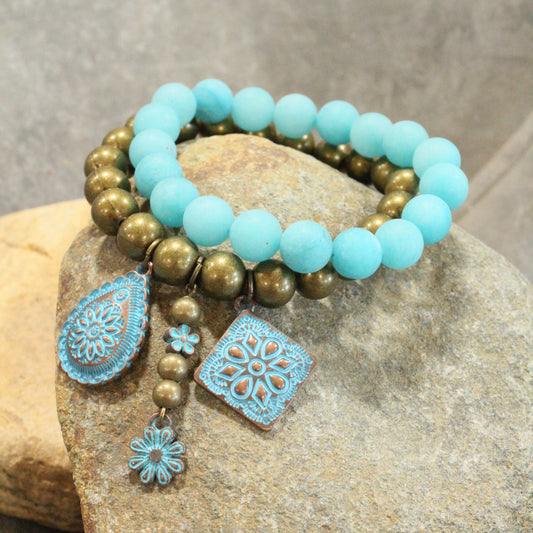 Bronze & Turquoise Flower Pendant Bracelet Set