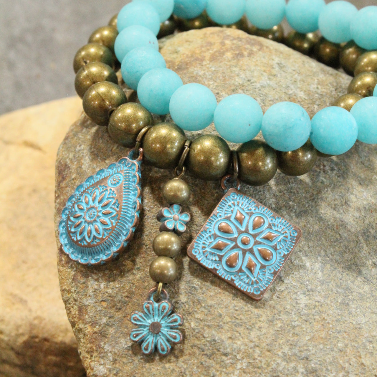 Bronze & Turquoise Flower Pendant Bracelet Set