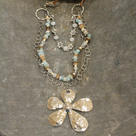 Three Wishes Silver Stone Layered Flower Pendant Necklace