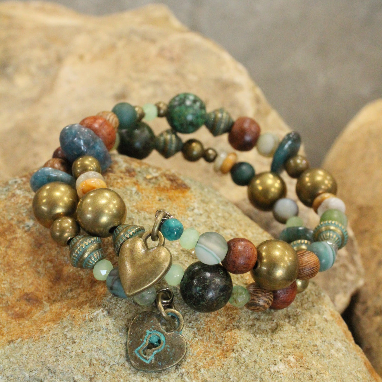 Verdigris Heart Wrap Bracelet