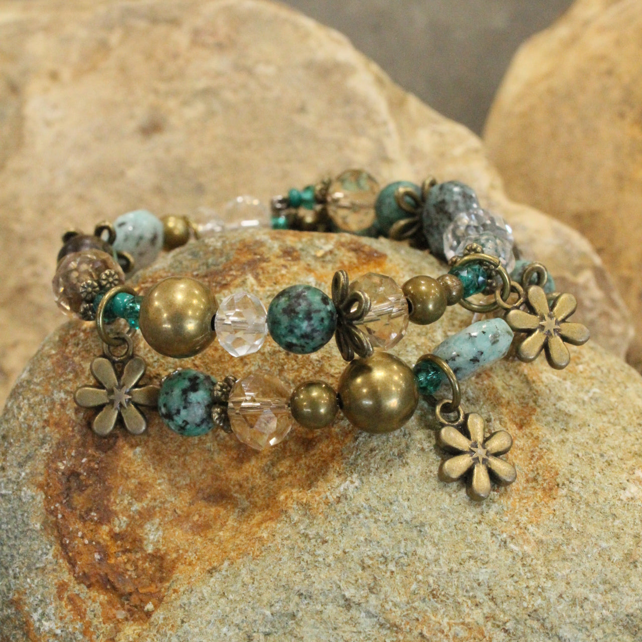 Bohemian Jasper & Flower Charm Wrap Bracelet