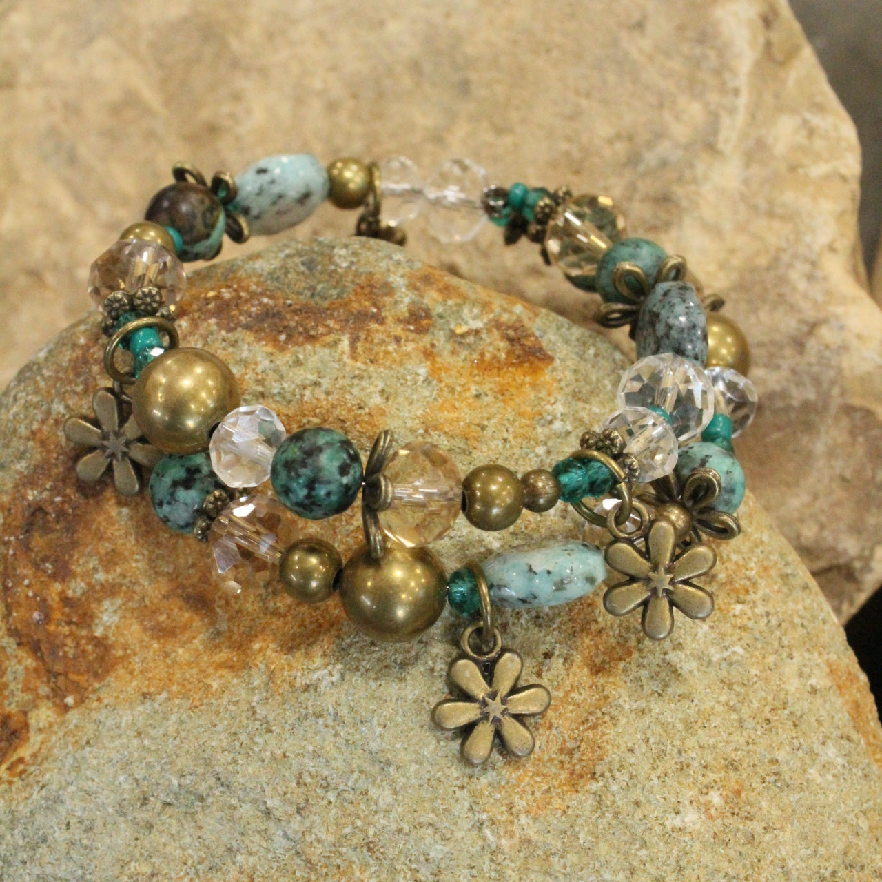 Bohemian Jasper & Flower Charm Wrap Bracelet