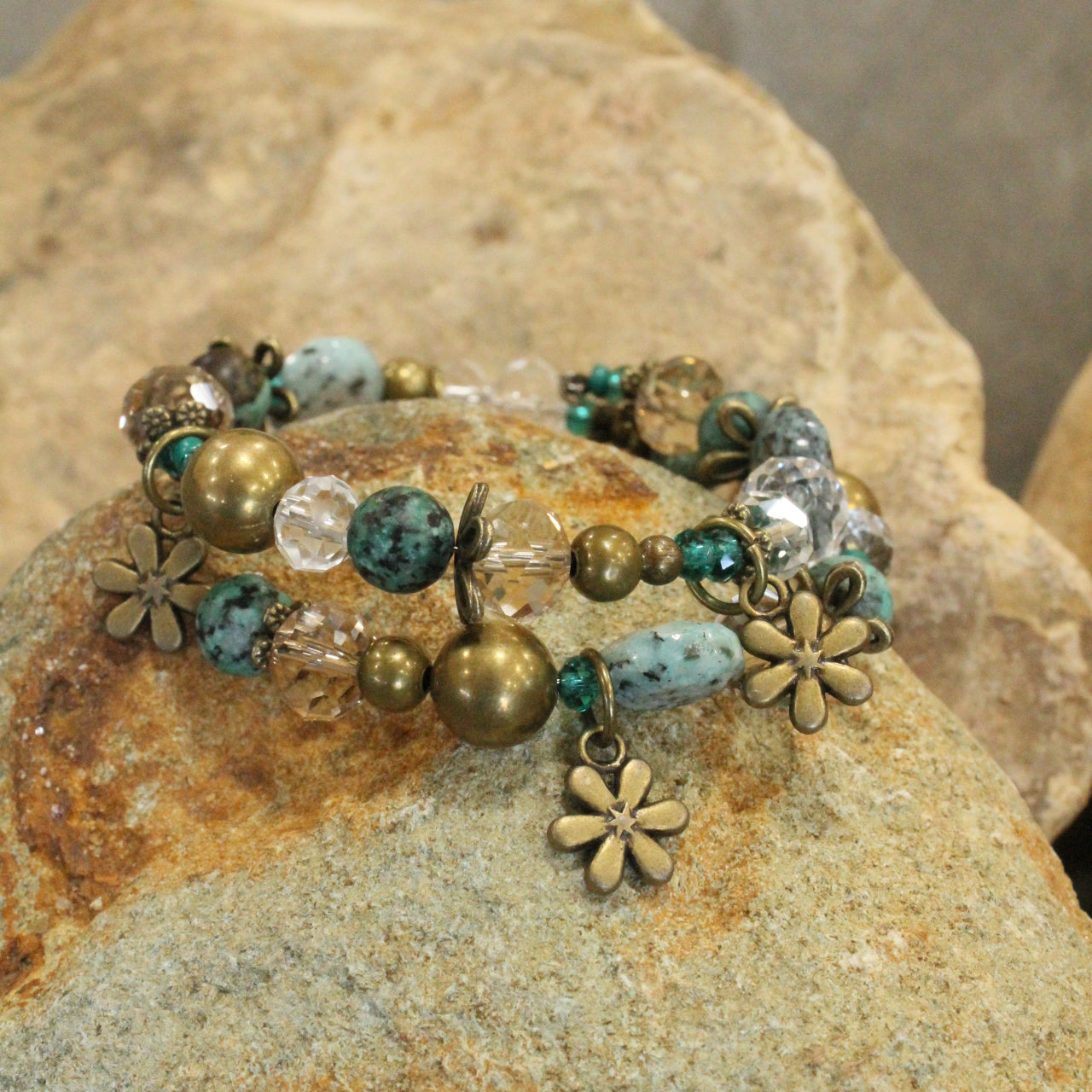 Bohemian Jasper & Flower Charm Wrap Bracelet