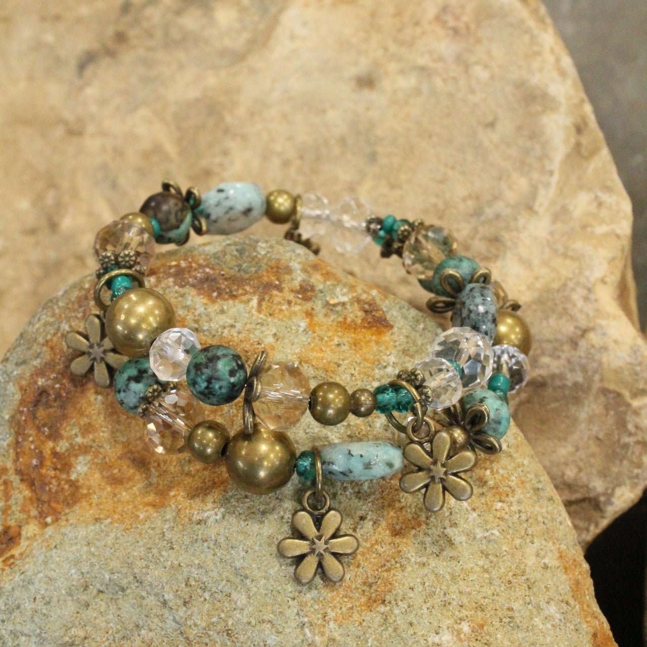 Bohemian Jasper & Flower Charm Wrap Bracelet