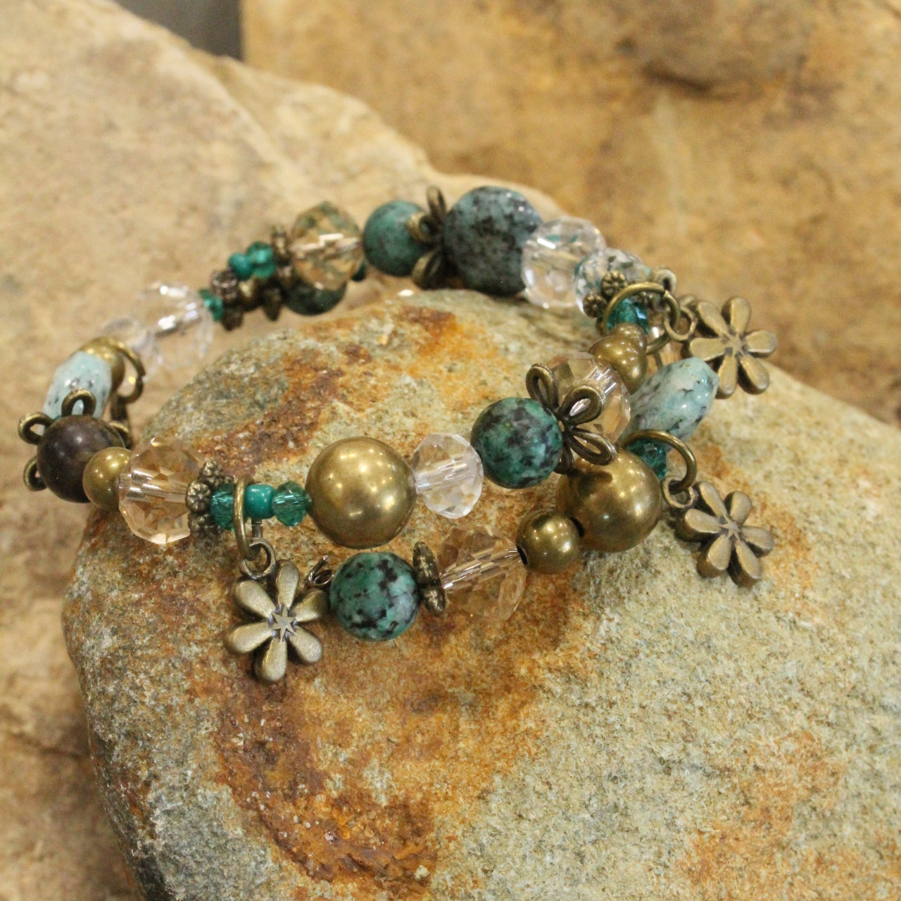 Bohemian Jasper & Flower Charm Wrap Bracelet