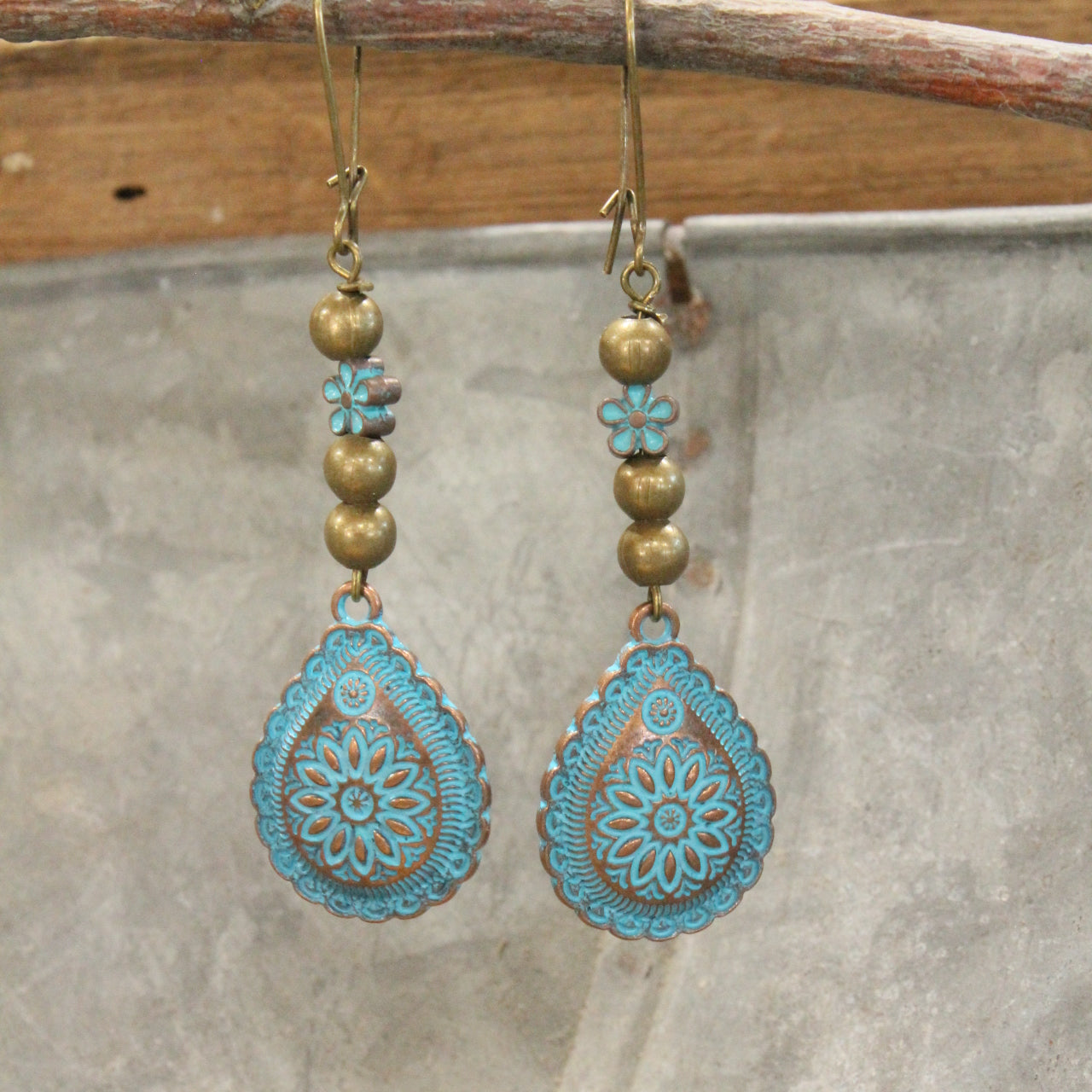 Bronze & Turquoise Flower Dangle Earrings