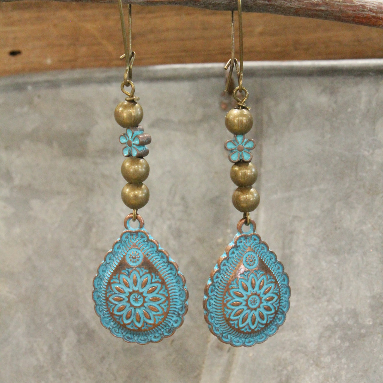 Bronze & Turquoise Flower Dangle Earrings