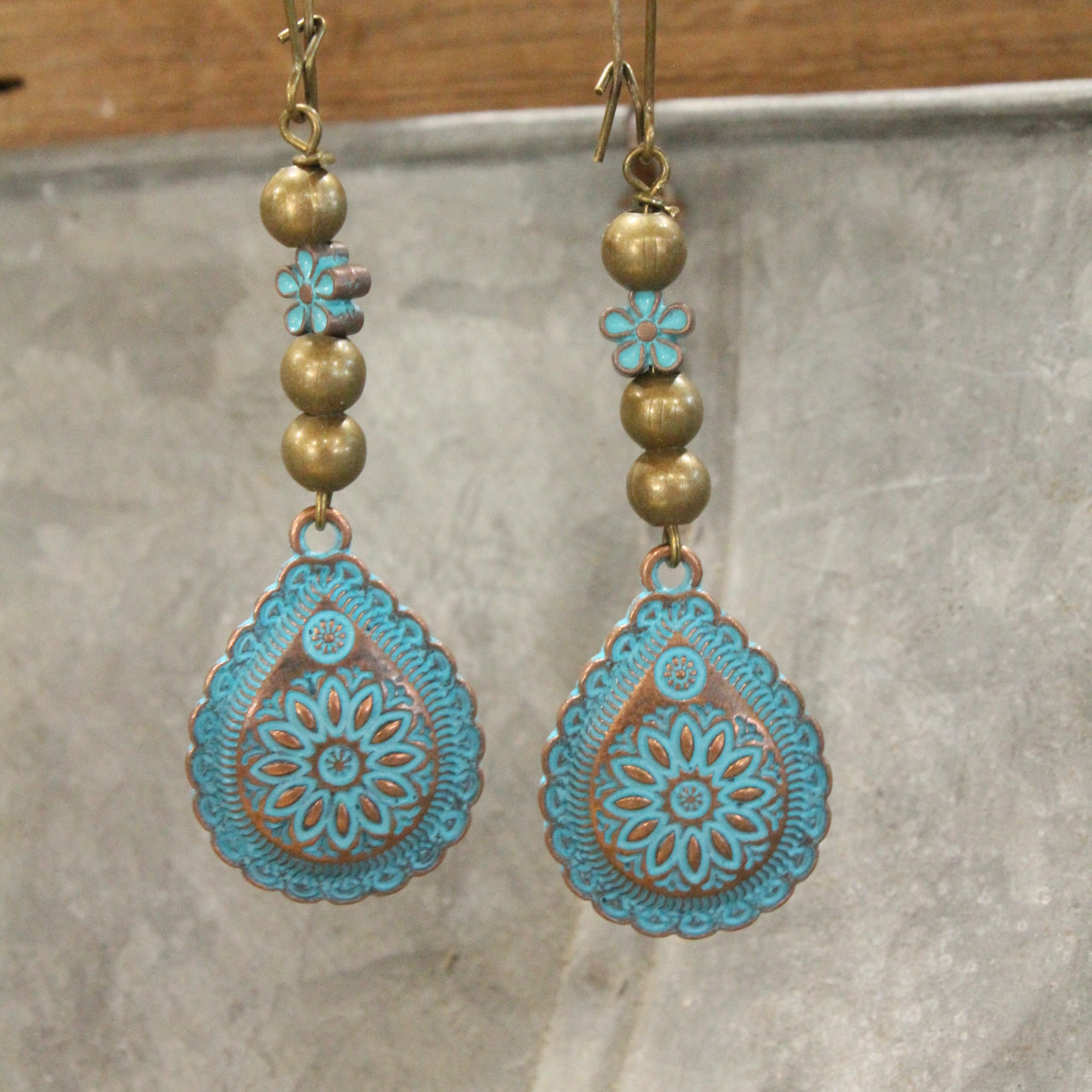 Bronze & Turquoise Flower Dangle Earrings