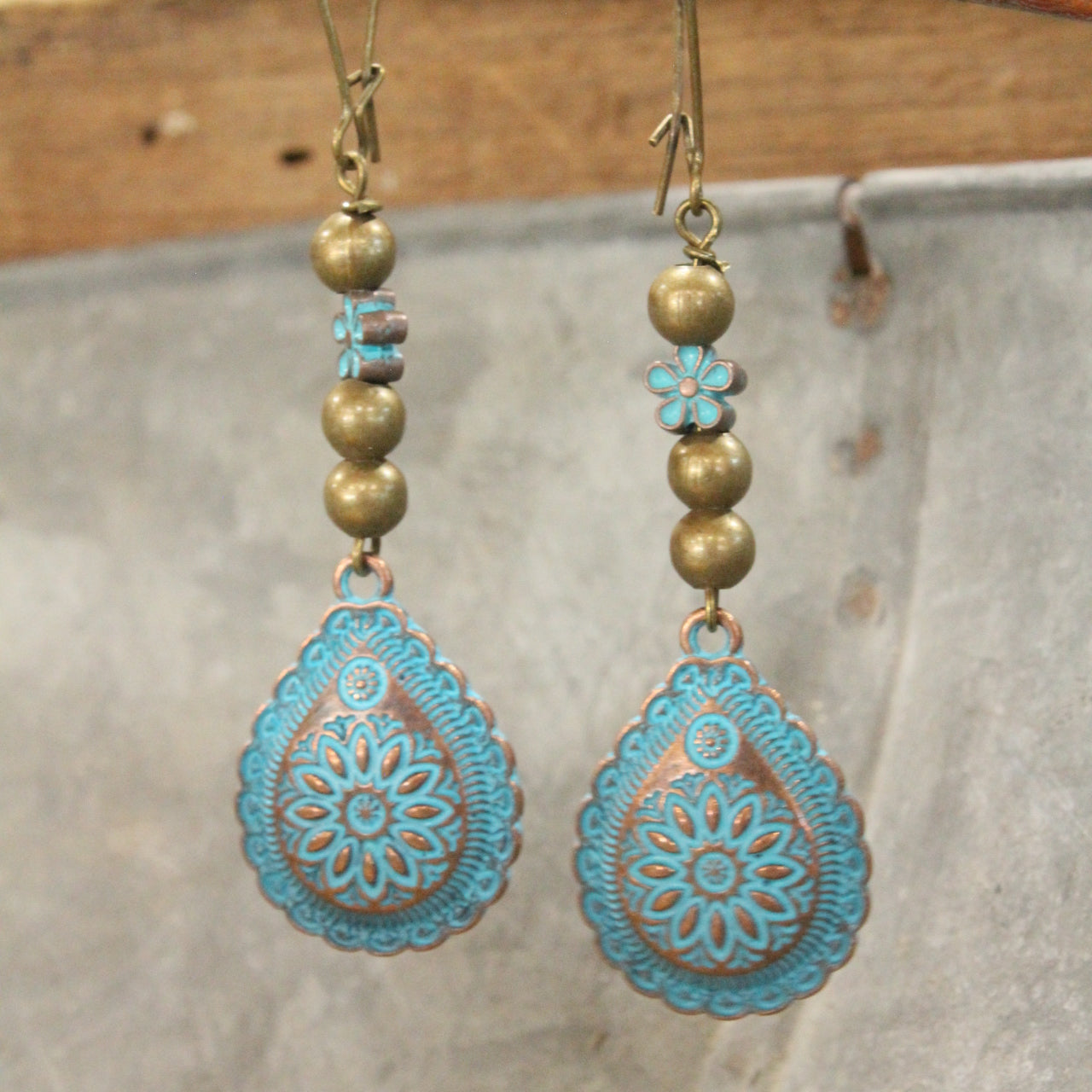 Bronze & Turquoise Flower Dangle Earrings