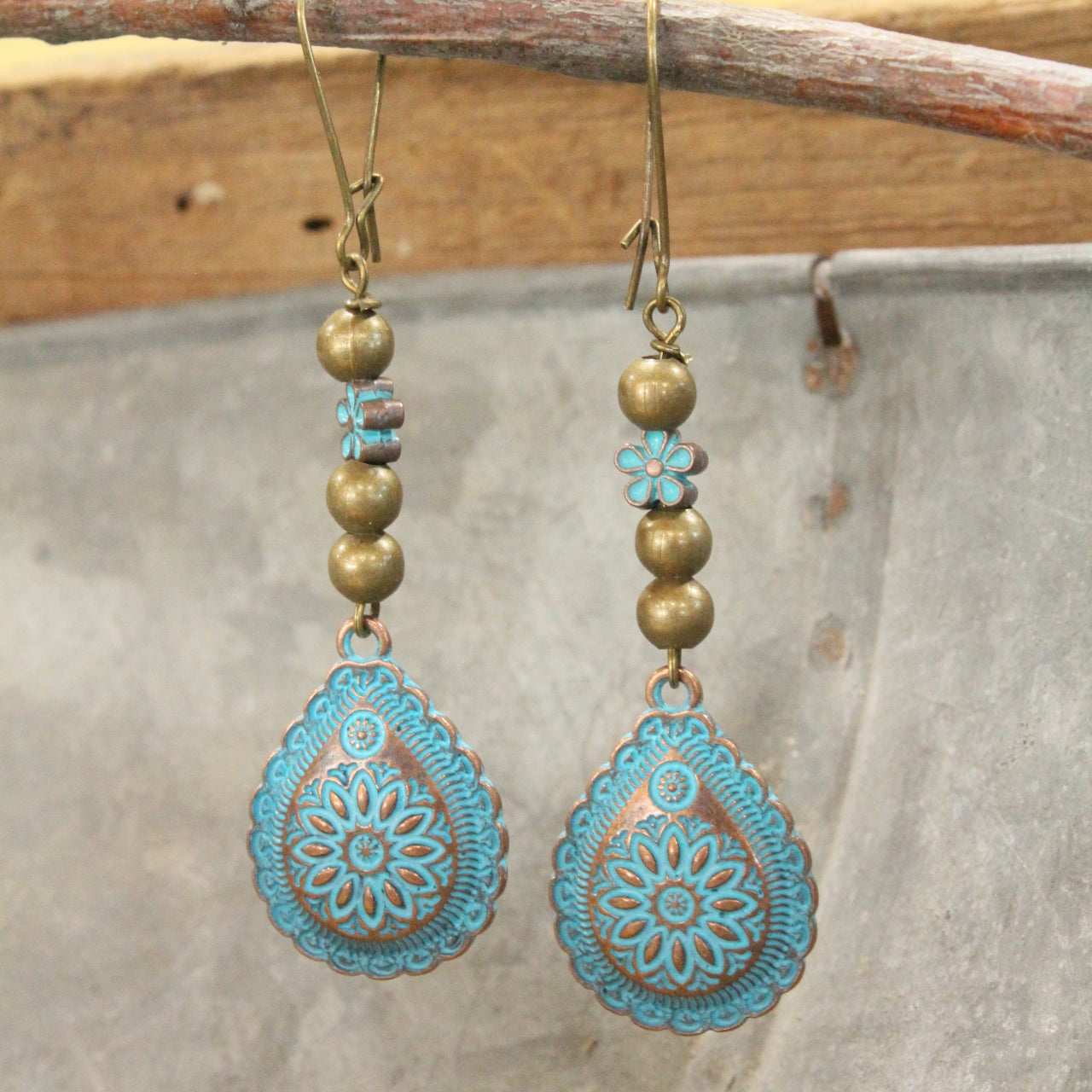 Bronze & Turquoise Flower Dangle Earrings