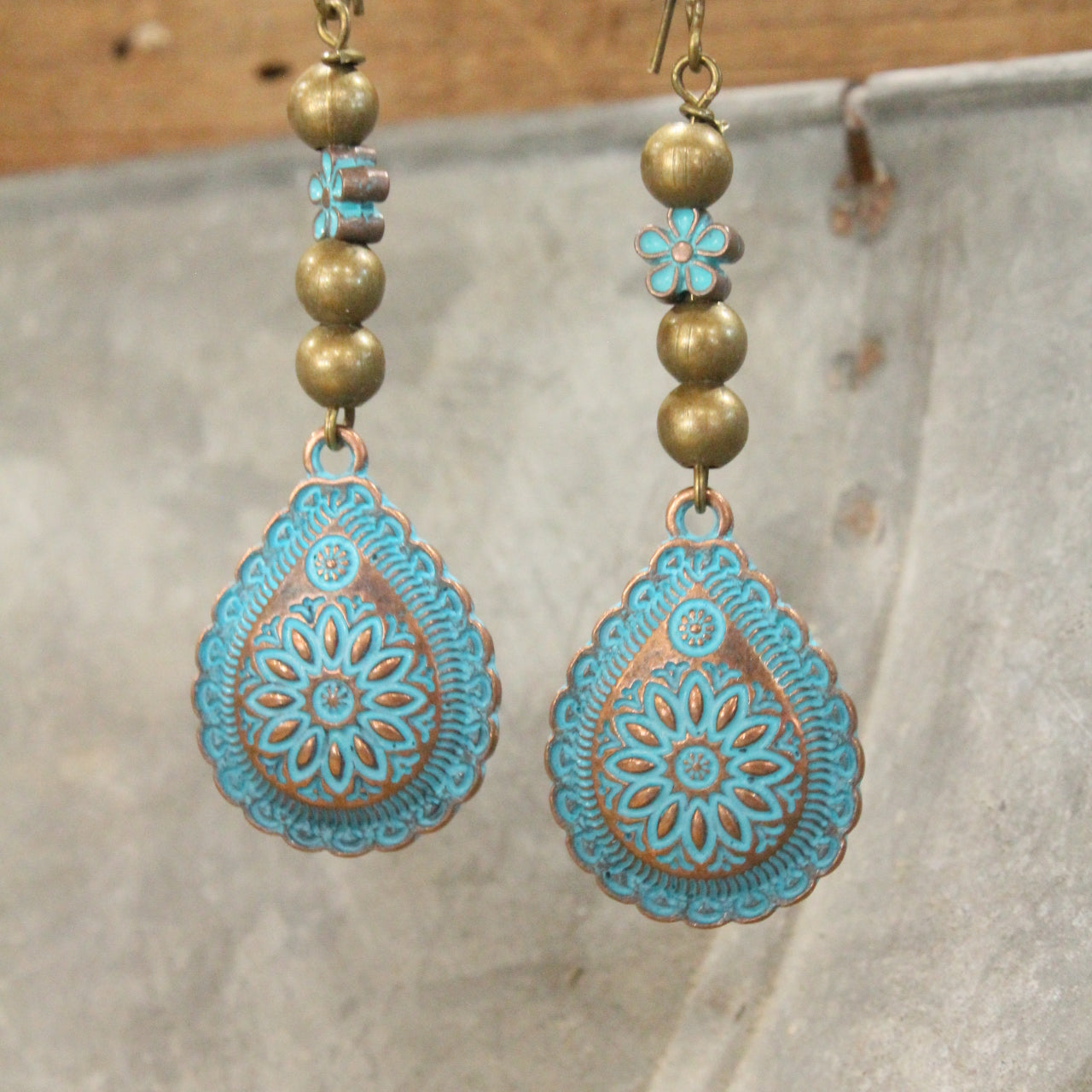 Bronze & Turquoise Flower Dangle Earrings