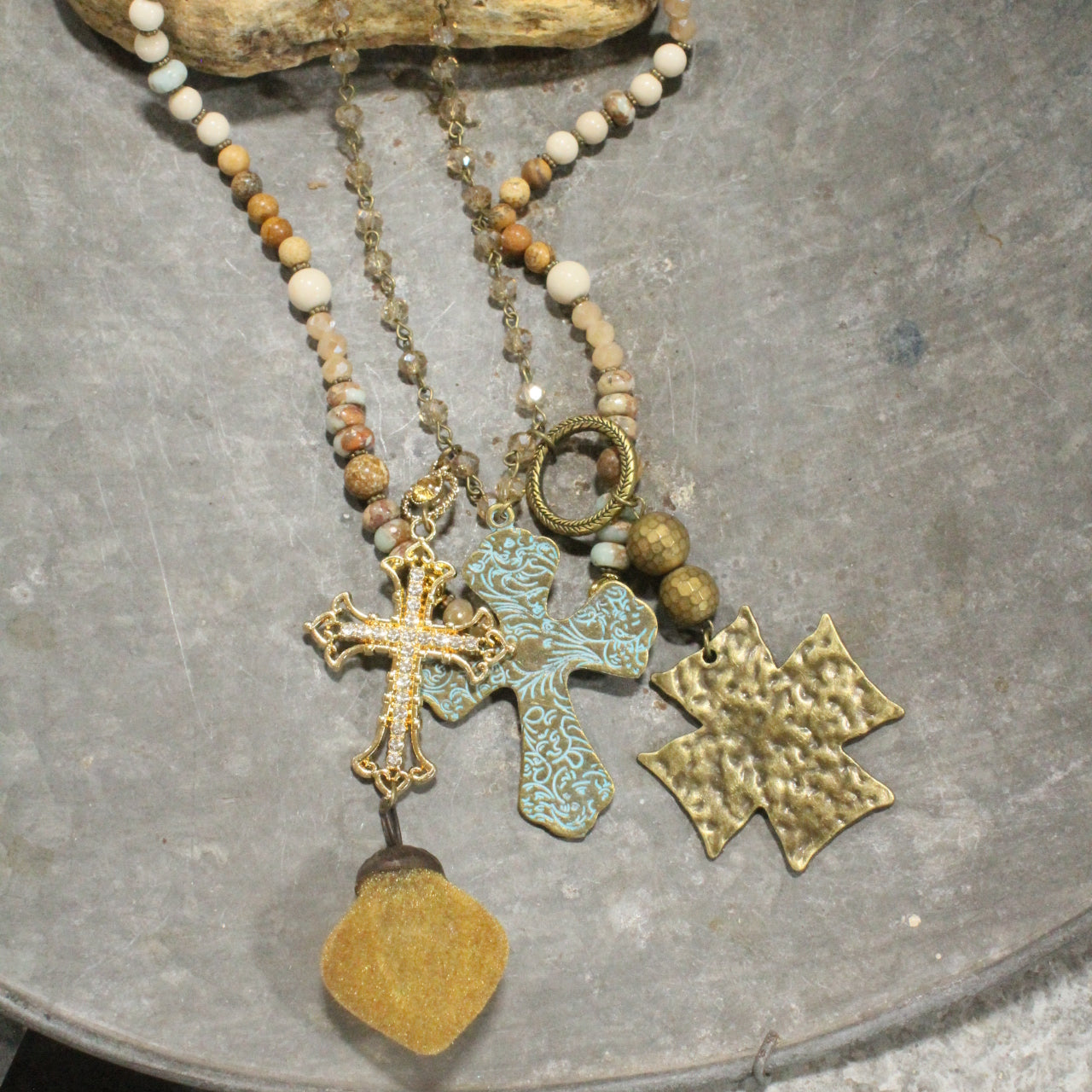 Forgiven Charm'd Golden Stone Cross Necklace