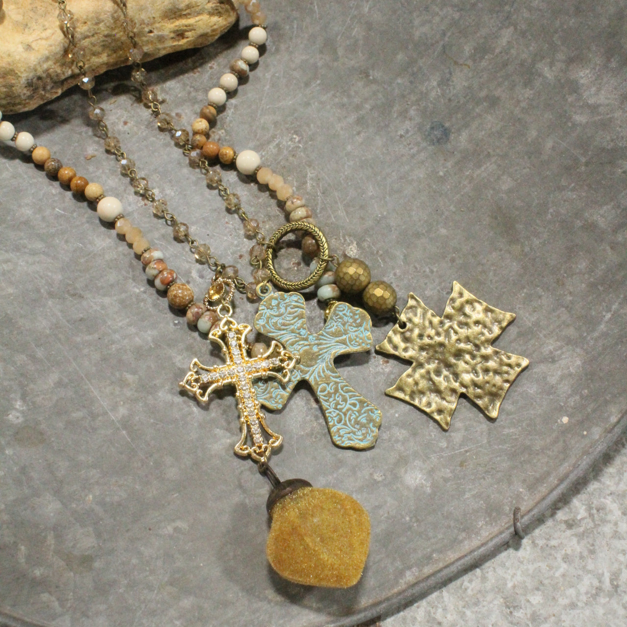 Forgiven Charm'd Golden Stone Cross Necklace