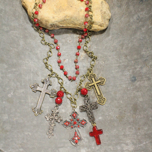Forgiven Charm'd Red Stone Cross Necklace