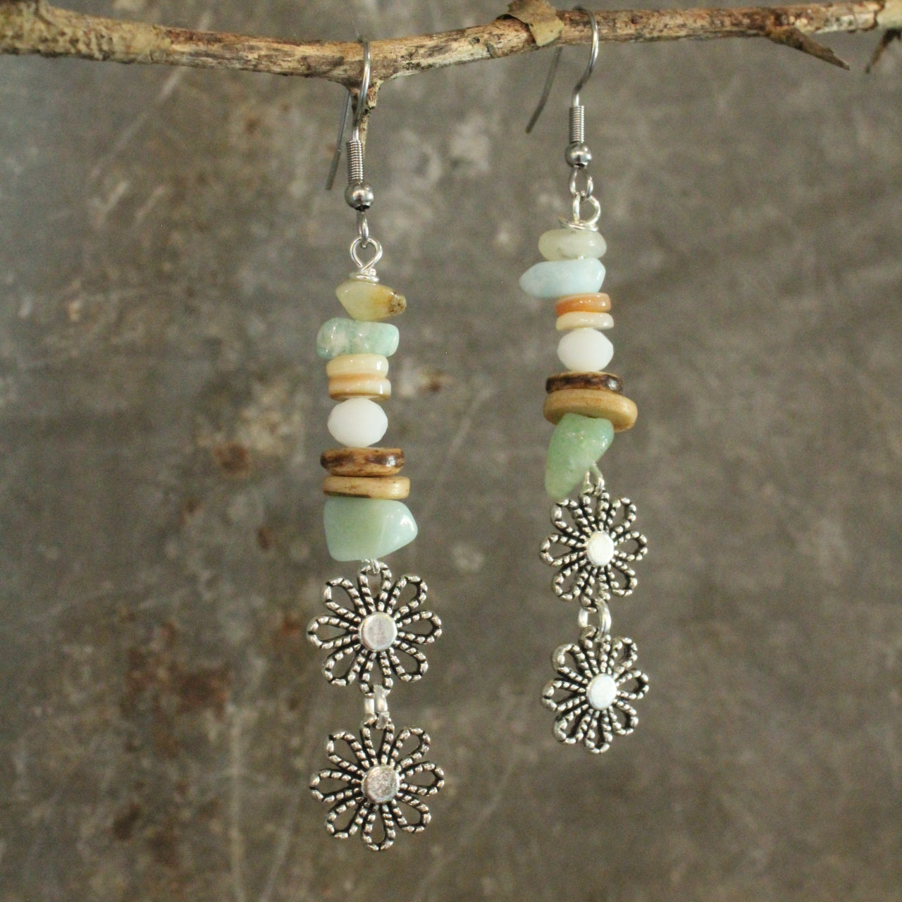 Three Wishes Silver Stone Flower Dangle Earrings