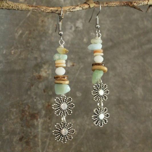 Three Wishes Silver Stone Flower Dangle Earrings