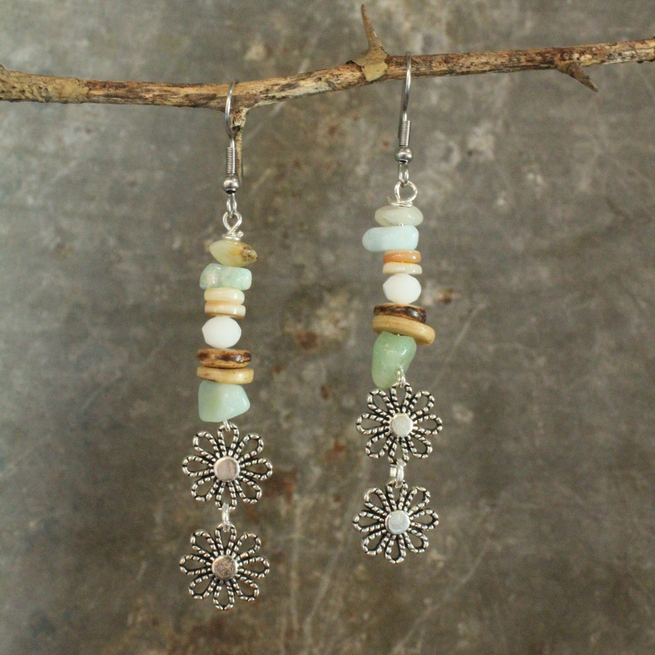 Three Wishes Silver Stone Flower Dangle Earrings