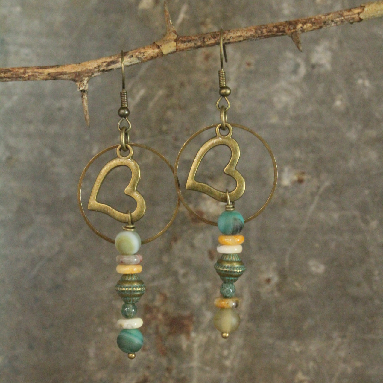 Verdigris Heart Bead Drop Earrings