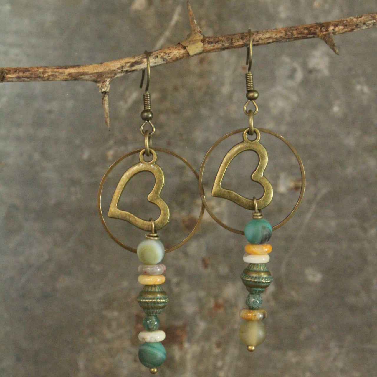 Verdigris Heart Bead Drop Earrings