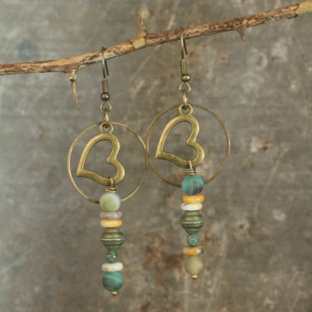 Verdigris Heart Bead Drop Earrings