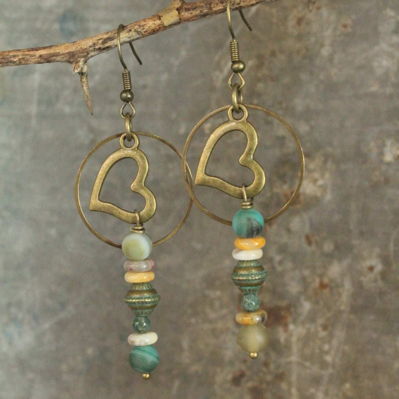 Verdigris Heart Bead Drop Earrings