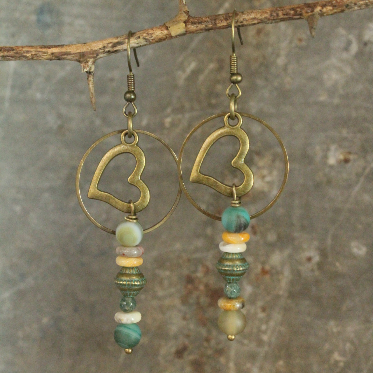 Verdigris Heart Bead Drop Earrings