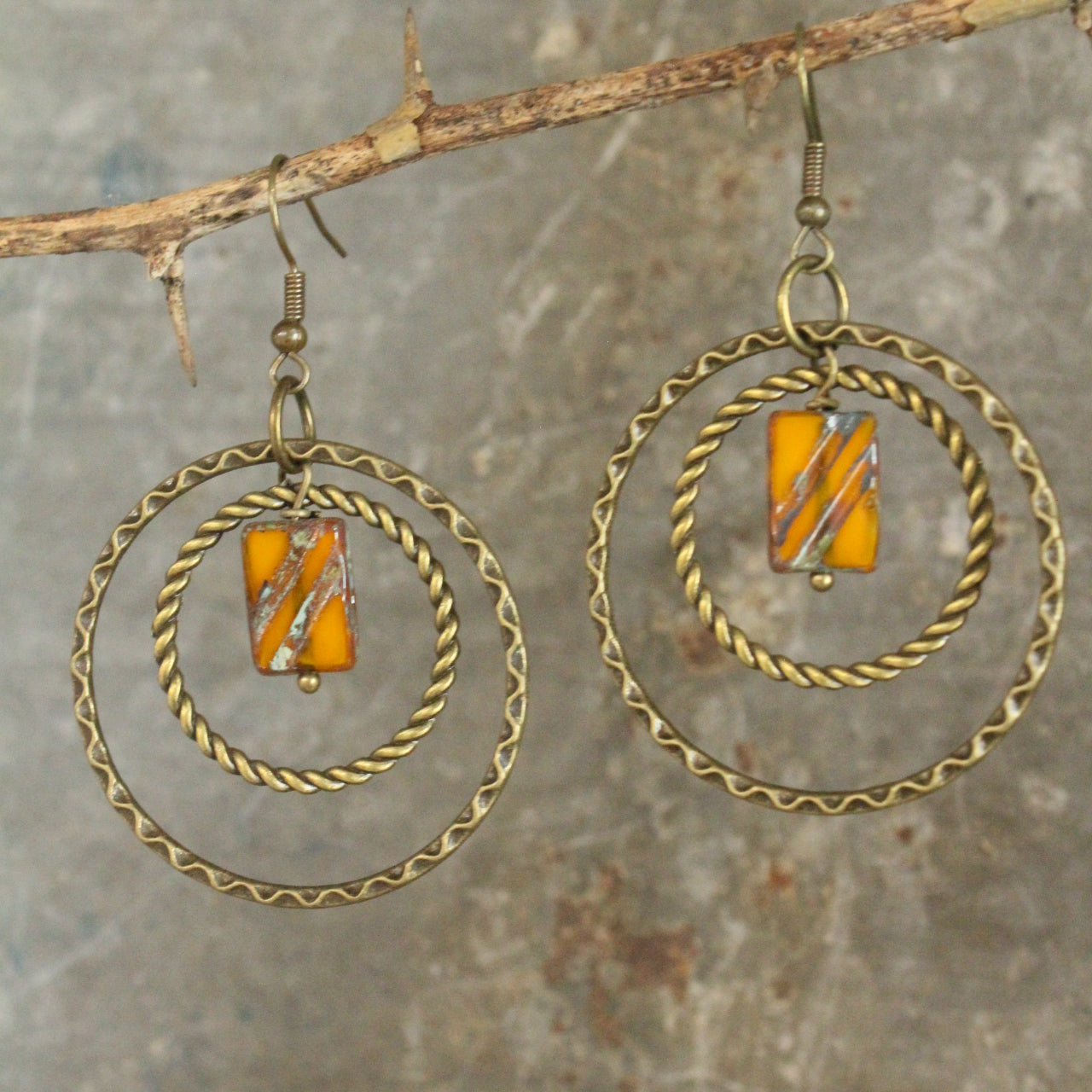 Double Hoop Butterscotch Opaline Picasso Earrings