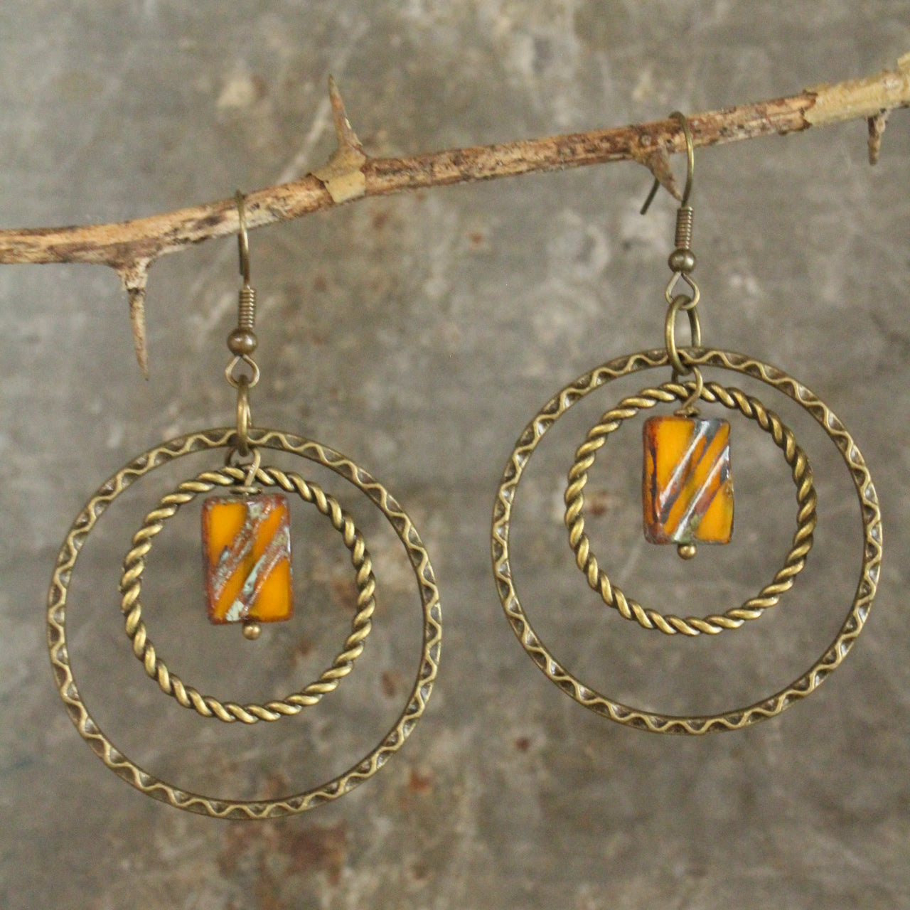 Double Hoop Butterscotch Opaline Picasso Earrings