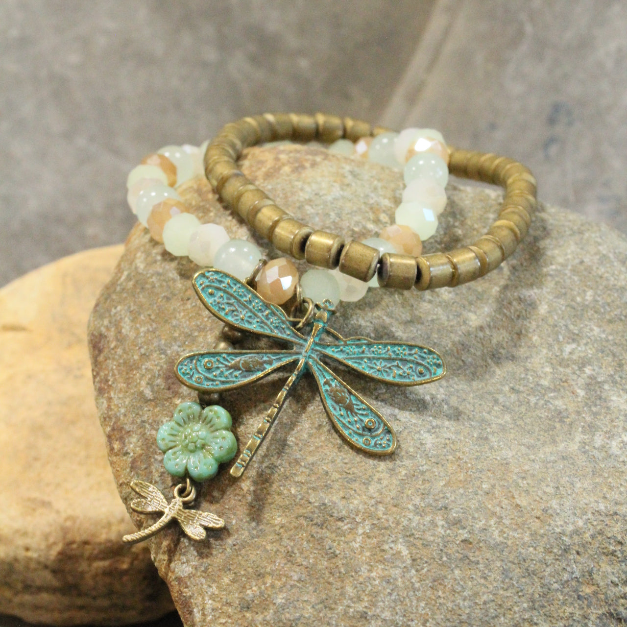 Picasso Wildflower Glass Bead Dragonfly Bracelet Set