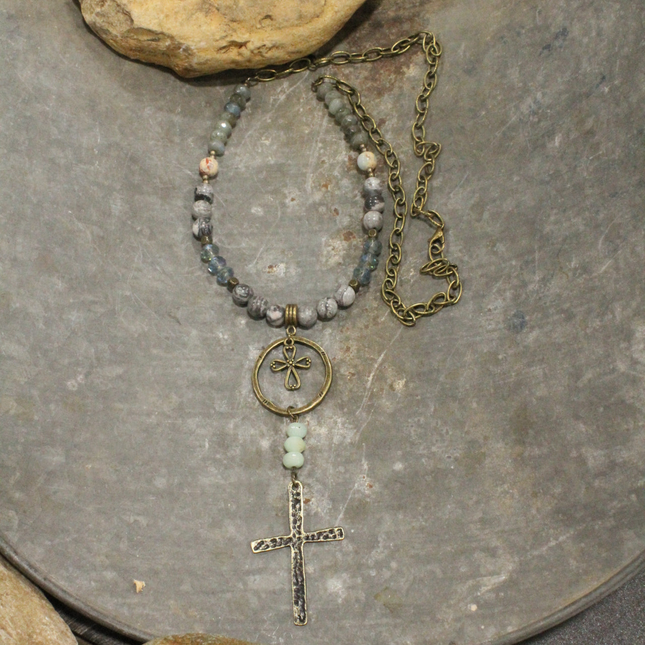 Bohemian Cross & Gray Stone Necklace