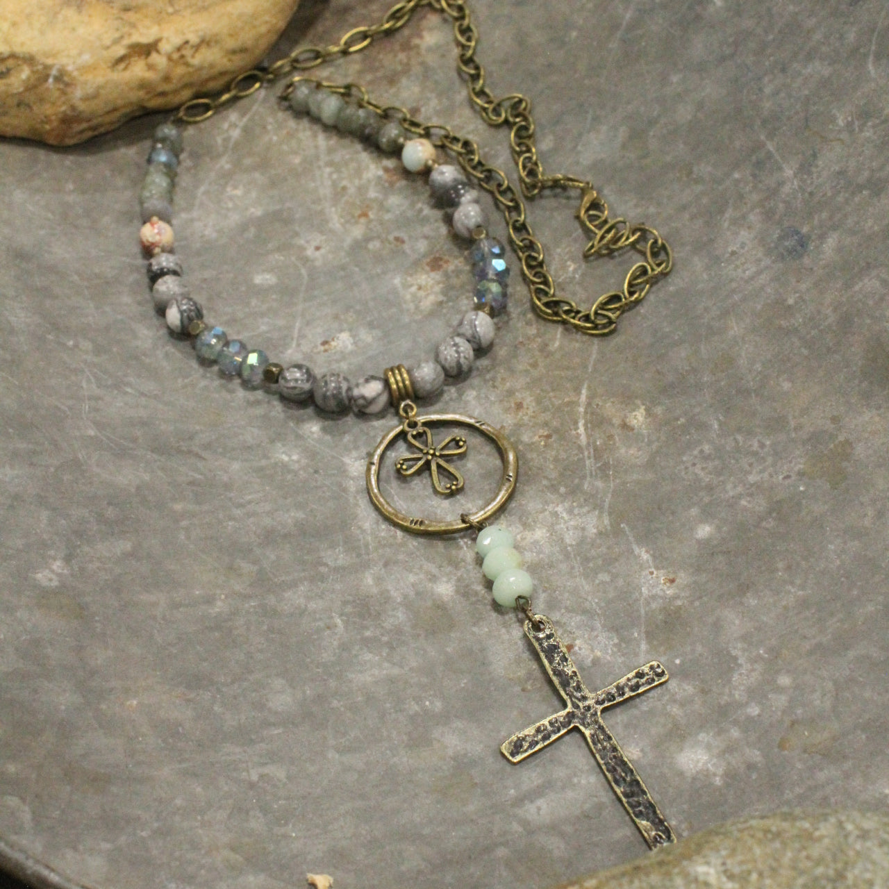 Bohemian Cross & Gray Stone Necklace