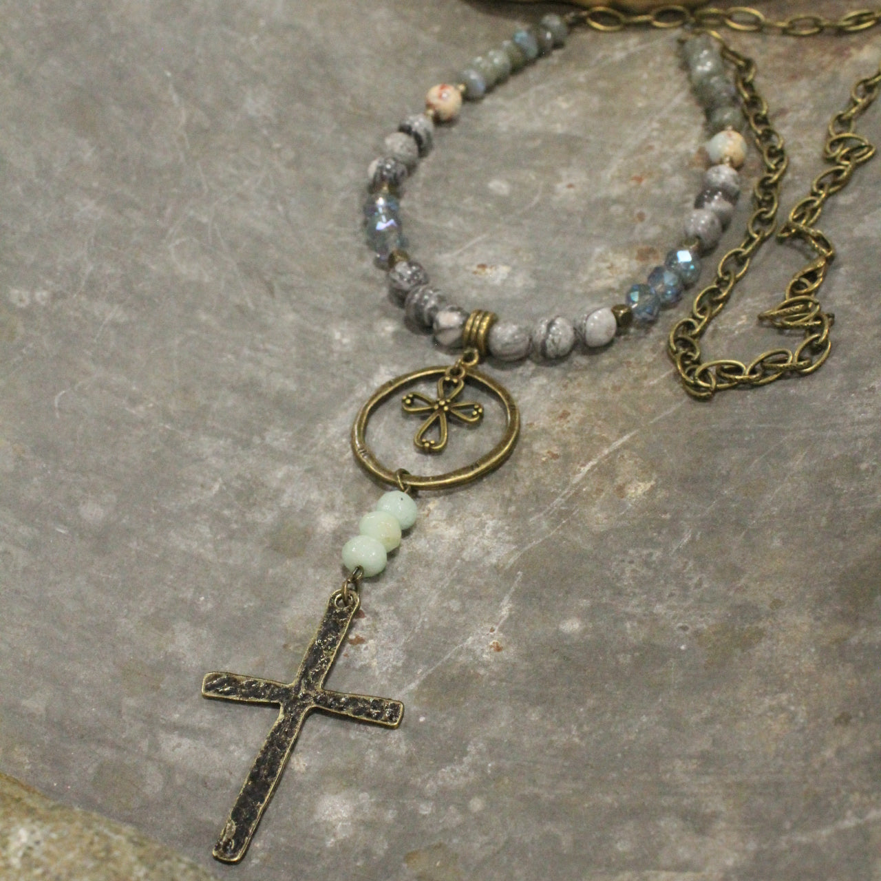 Bohemian Cross & Gray Stone Necklace