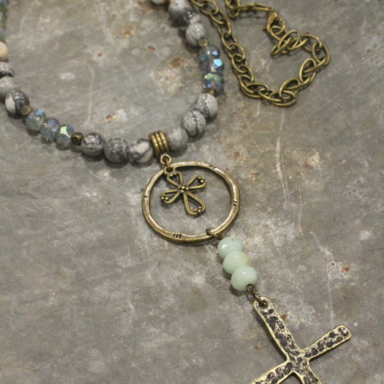 Bohemian Cross & Gray Stone Necklace