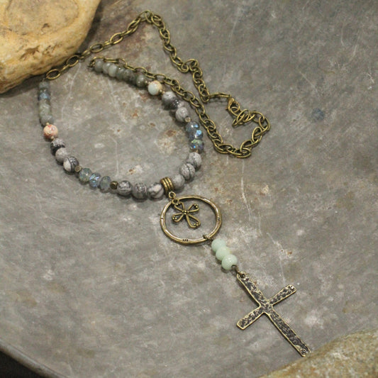 Bohemian Cross & Gray Stone Necklace