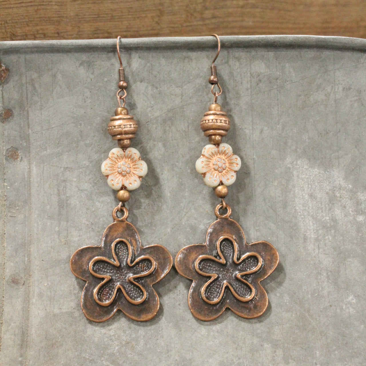 Vintage Copper Flower Czech Dangle Drop Earrings