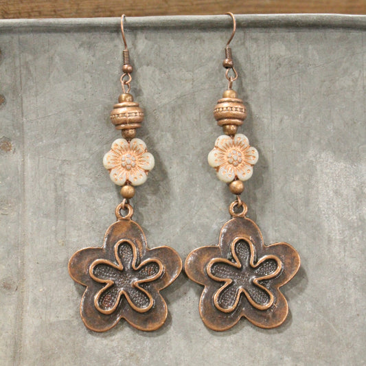 Vintage Copper Flower Czech Dangle Drop Earrings