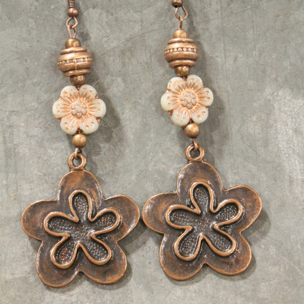 Vintage Copper Flower Czech Dangle Drop Earrings