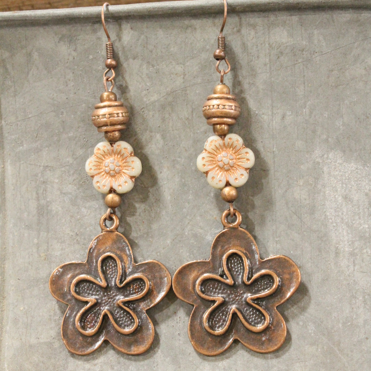 Vintage Copper Flower Czech Dangle Drop Earrings