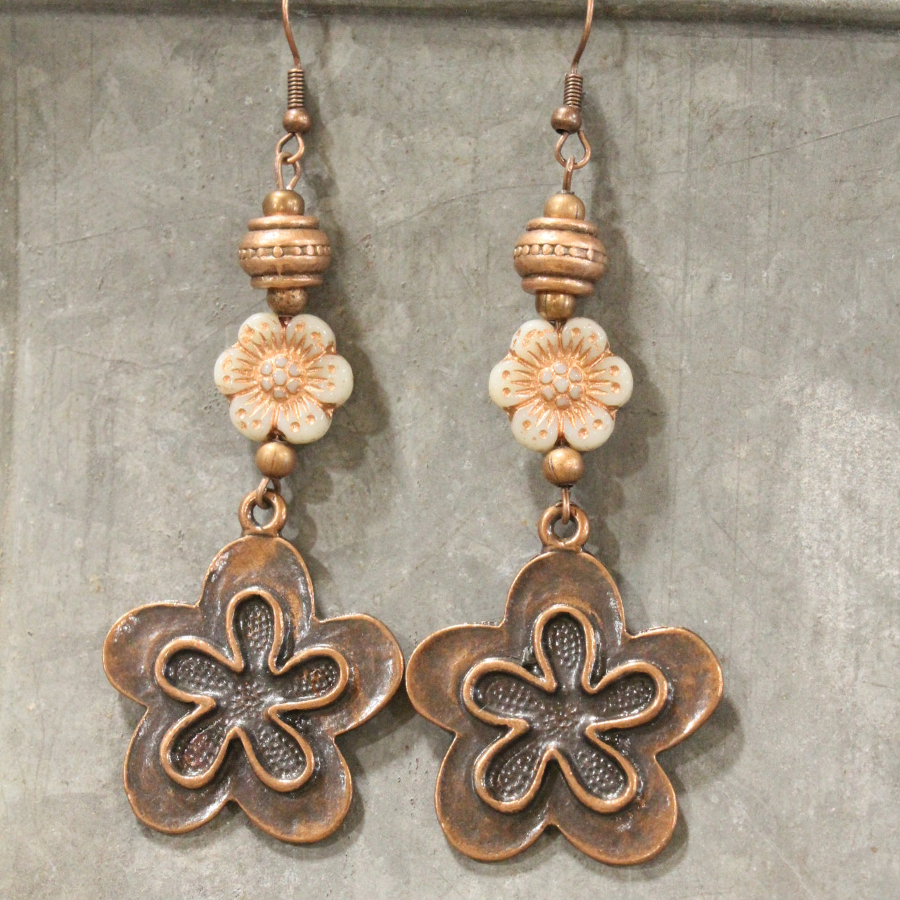 Vintage Copper Flower Czech Dangle Drop Earrings