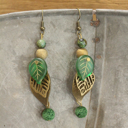 Shades Of Green Leaves Dangle Drop Earrings