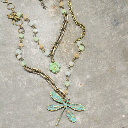 Picasso Wildflower Glass Bead Dragonfly Necklace