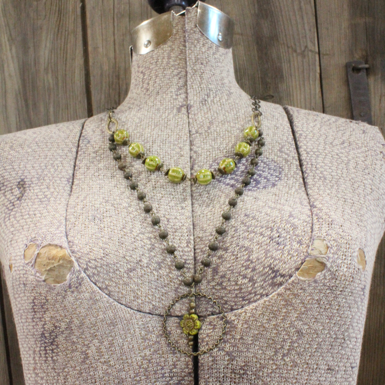 Picasso Wildflower Glass Bead Lime Stone Necklace