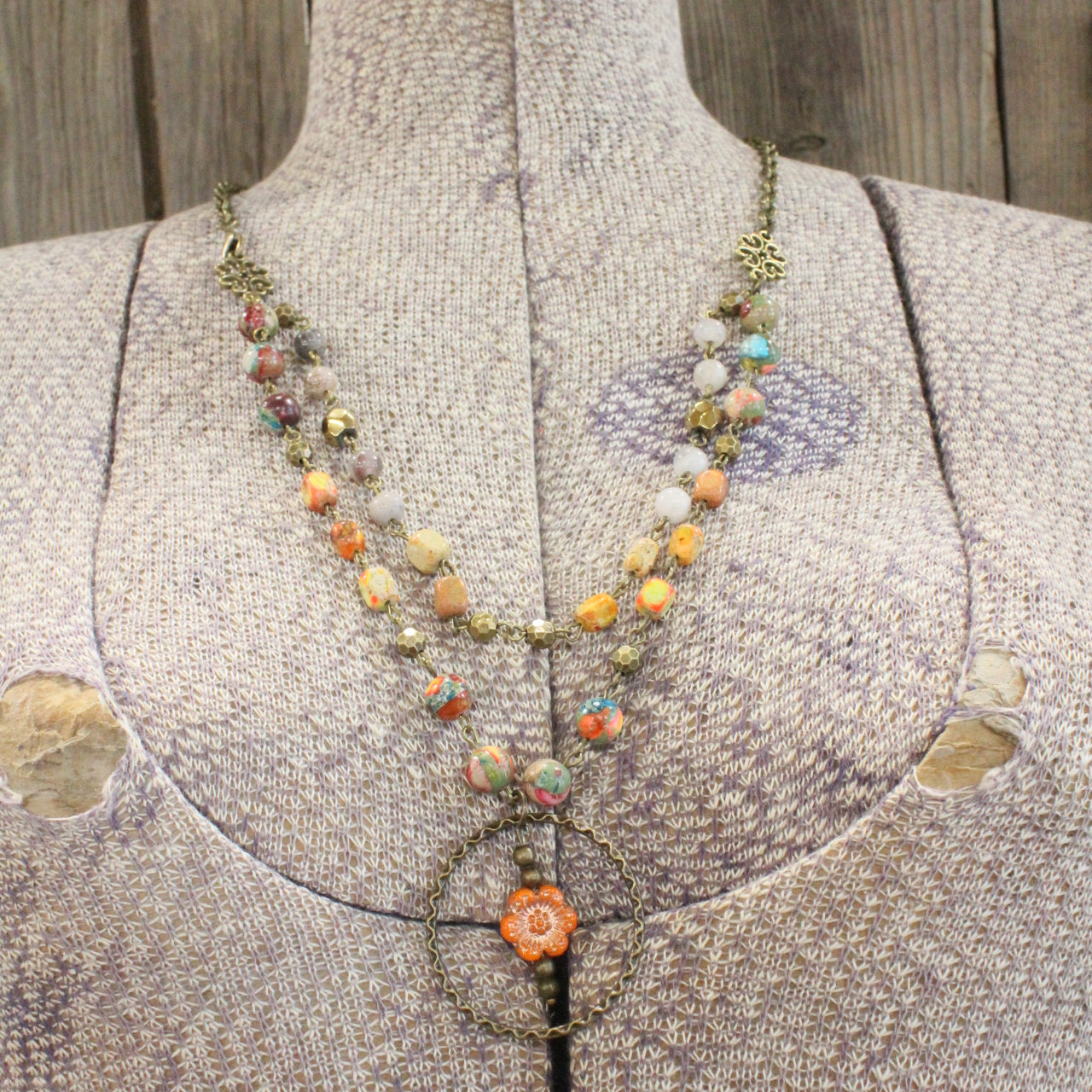 Picasso Wildflower Glass Bead Orange Multi-Color Stone Necklace