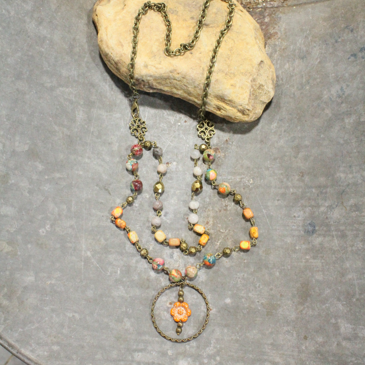 Picasso Wildflower Glass Bead Orange Multi-Color Stone Necklace