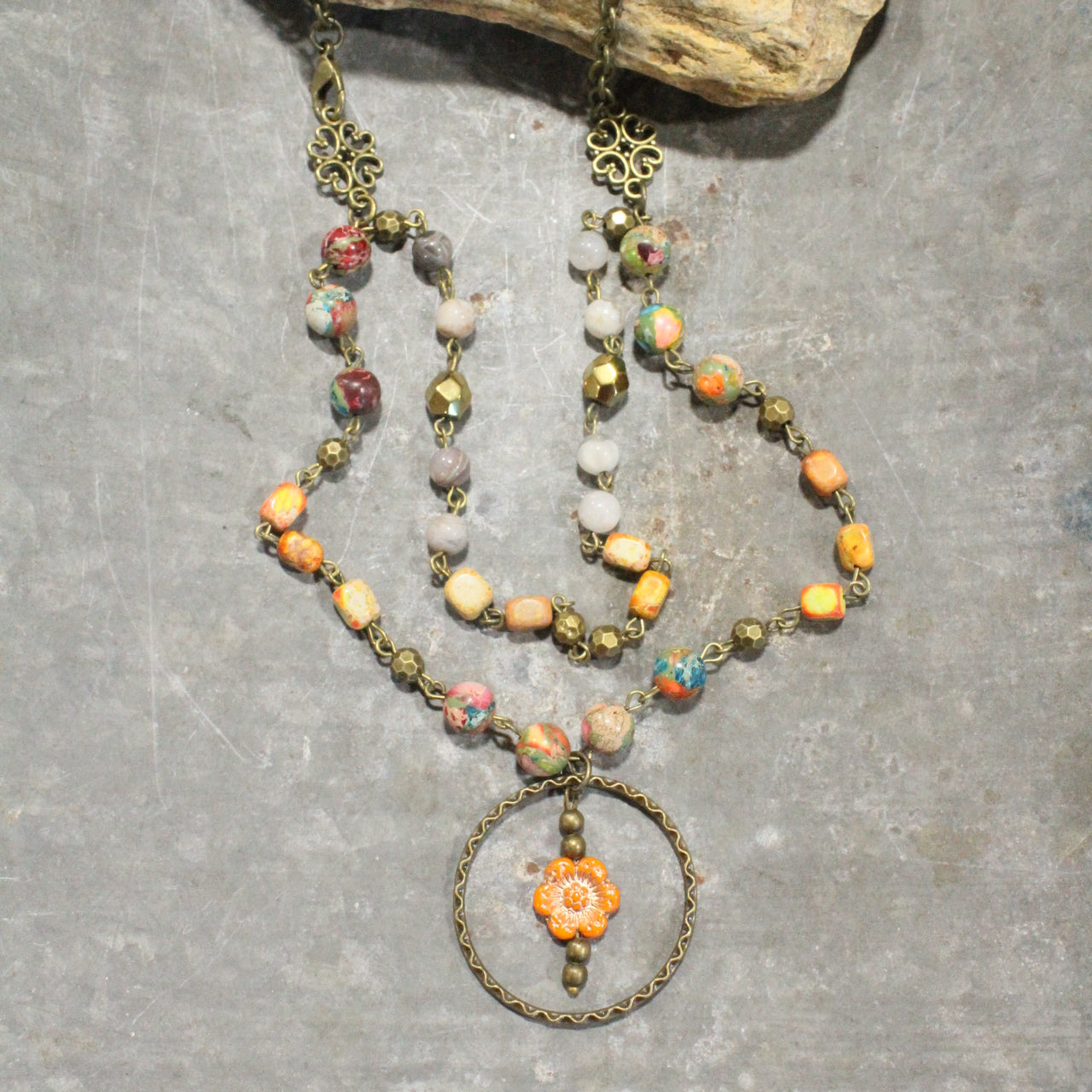 Picasso Wildflower Glass Bead Orange Multi-Color Stone Necklace