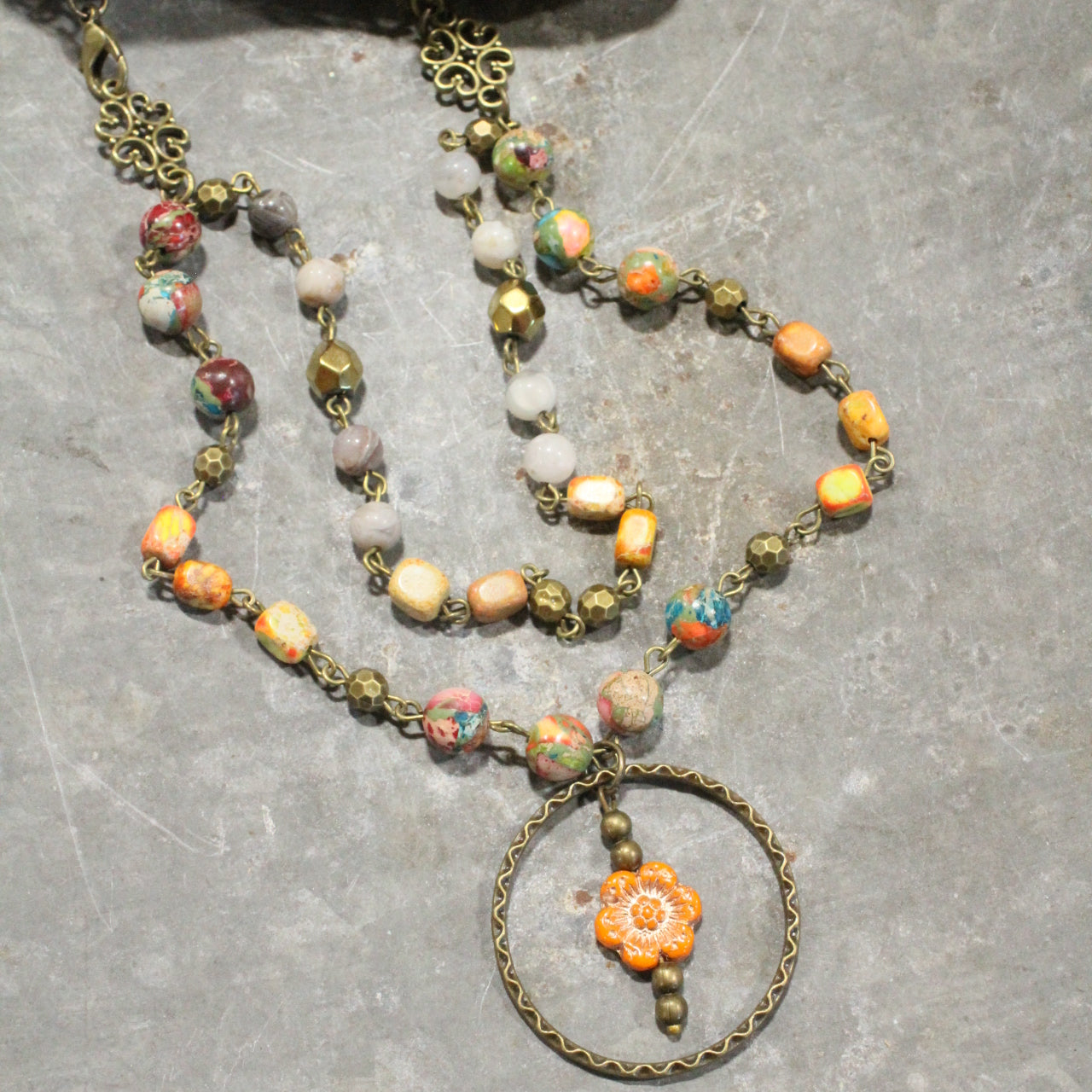 Picasso Wildflower Glass Bead Orange Multi-Color Stone Necklace