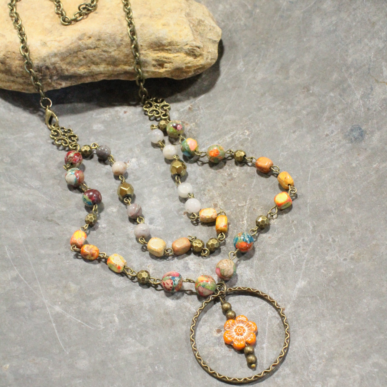 Picasso Wildflower Glass Bead Orange Multi-Color Stone Necklace