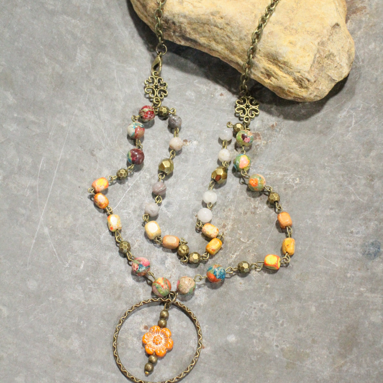 Picasso Wildflower Glass Bead Orange Multi-Color Stone Necklace