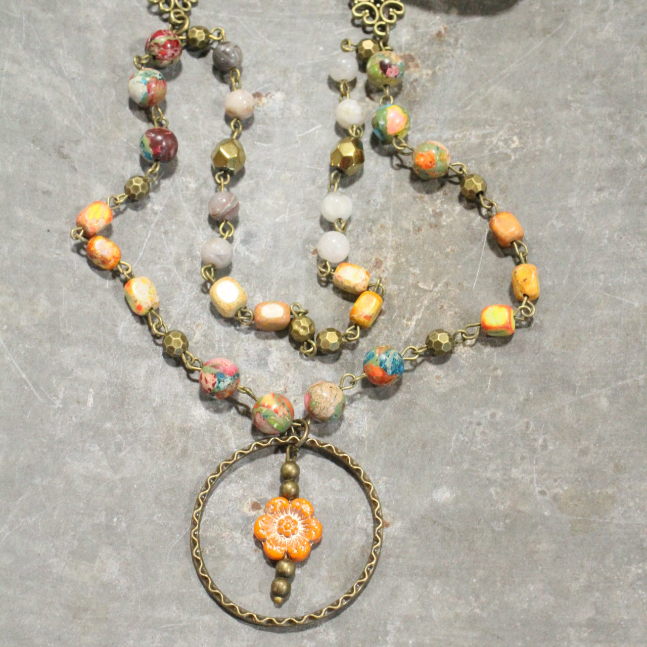 Picasso Wildflower Glass Bead Orange Multi-Color Stone Necklace